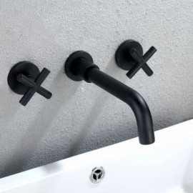 Mechanical Bathtub Mixer Black Brass 3 Holes 2 Handles For Bathroom