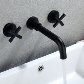 Mechanical Bathtub Mixer Black Brass 3 Holes 2 Handles For Bathroom