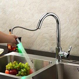 Contemporary Kitchen Tap LED / Pullout Spray Chrome One Hole
