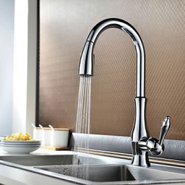 Traditional Chrome Finish One Hole Single Handle Deck Mounted Rotatable Pullout Spray Kitchen Tap