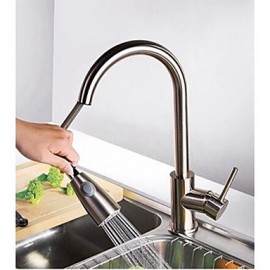 Solid Brass Nickel Brushed Deck Mounted Pull Out Kitchen Tap With Spray