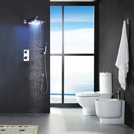 Two Handles Chrome Thermostatic Bathroom Shower Tap, 12 Inch LED Rainfall Shower Head / Brass Hand Shower Included