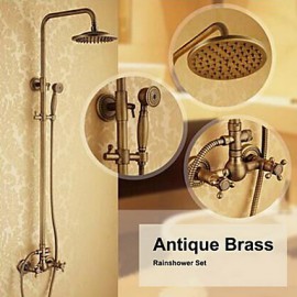 Antique Brass Wall Mounted Two Handle Rain Shower Tap Set with 8 Inch Shower Head and Hand Shower