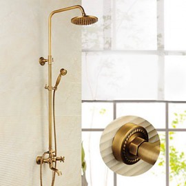 8 Inch Antique Brass Wall Mounted Two Handle Shower Set with Shower Head and Hand Shower