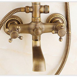 8 Inch Antique Brass Wall Mounted Two Handle Shower Set with Shower Head and Hand Shower