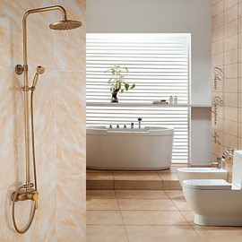 Antique Brass Wall Mounted Single Handle Rain Shower Tap Set with 8 Inch Shower Head and Hand Shower