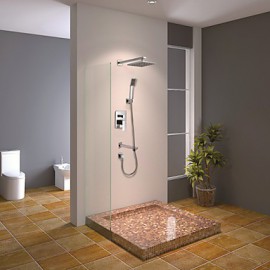 Shower Tap Contemporary Chrome Wall Mounted Double Handles Brass with Square Shower Head and Hand Shower
