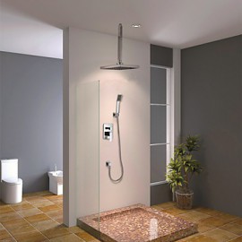 Shower Tap Contemporary Chrome Wall Mounted Double Handles Brass with Square Shower Head and Hand Shower