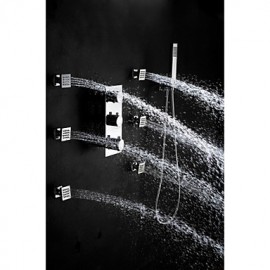 Chrome Thermostatic Bathroom Shower Tap Set, Brushed Atomizing And Rainfall Shower Head With Spa Massage Spray Jet
